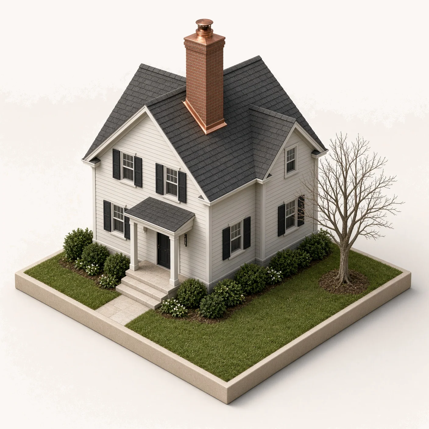 3D model, not a photograph of a completed project. An isometric miniature of a New England colonial house with a tall red brick chimney, copper rain cap and copper step flashing.