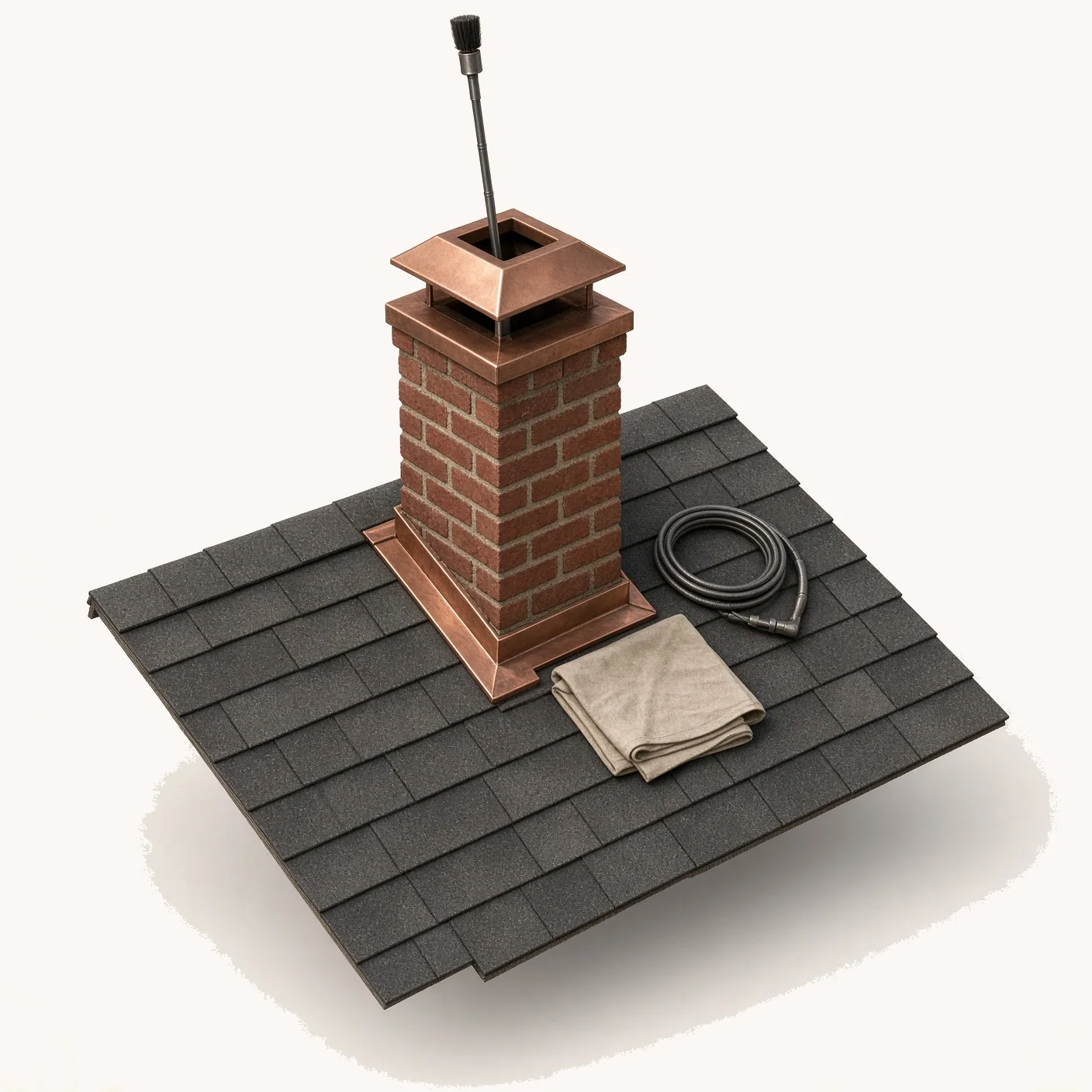 3D model, not a photograph. An isometric roof section with a brick chimney, a sweeping rod in the open flue and a folded drop sheet on the shingles.