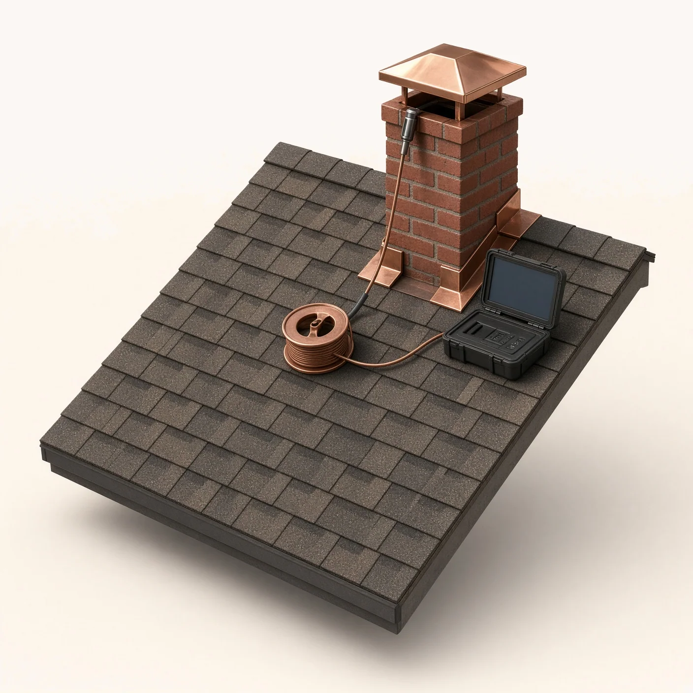 3D model, not a photograph. An isometric roof section with an inspection camera on a copper reel lowered into the flue and a monitor case open on the shingles.