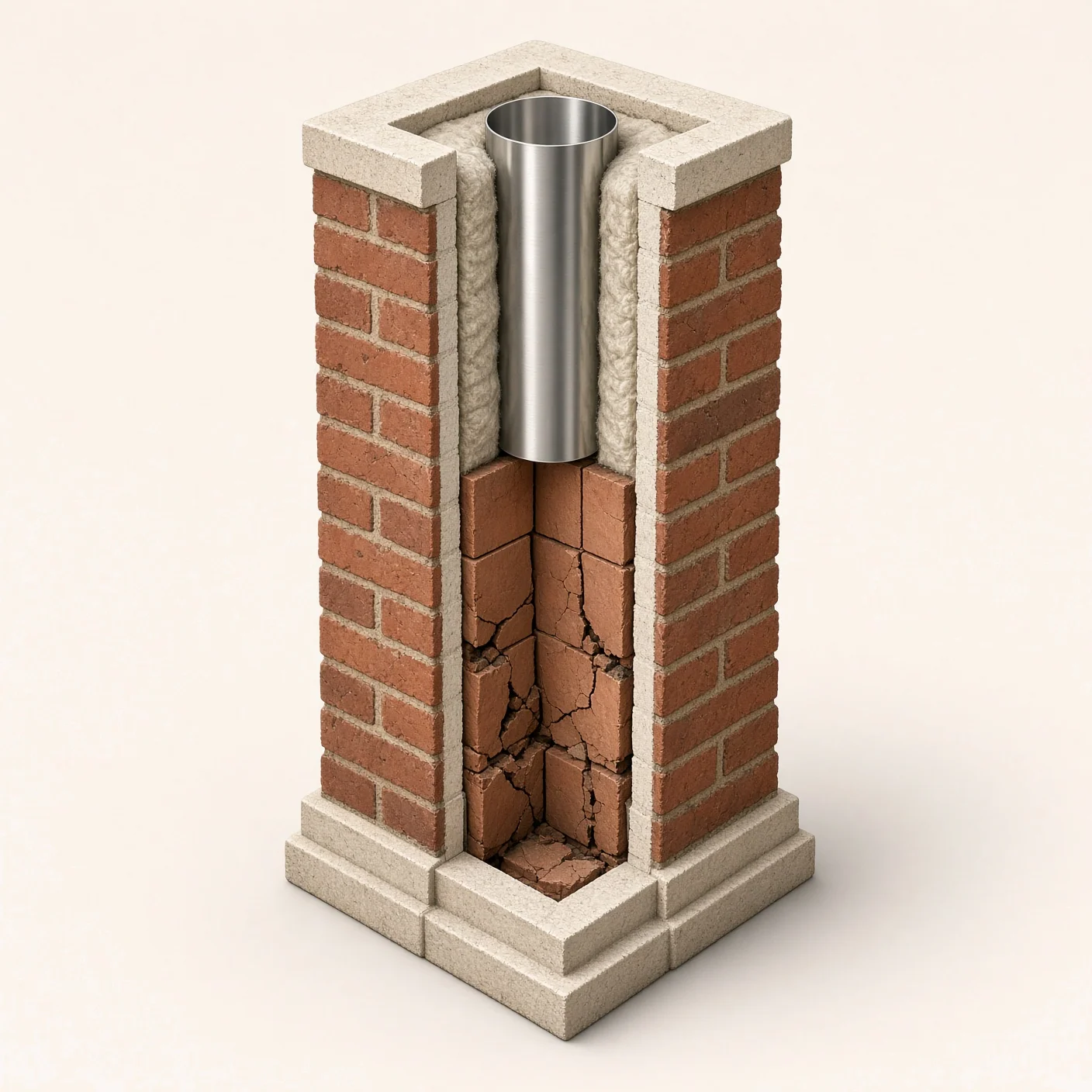 3D model, not a photograph. An isometric cutaway chimney with cracked clay tile below and a new stainless liner sleeve fed down from the crown.
