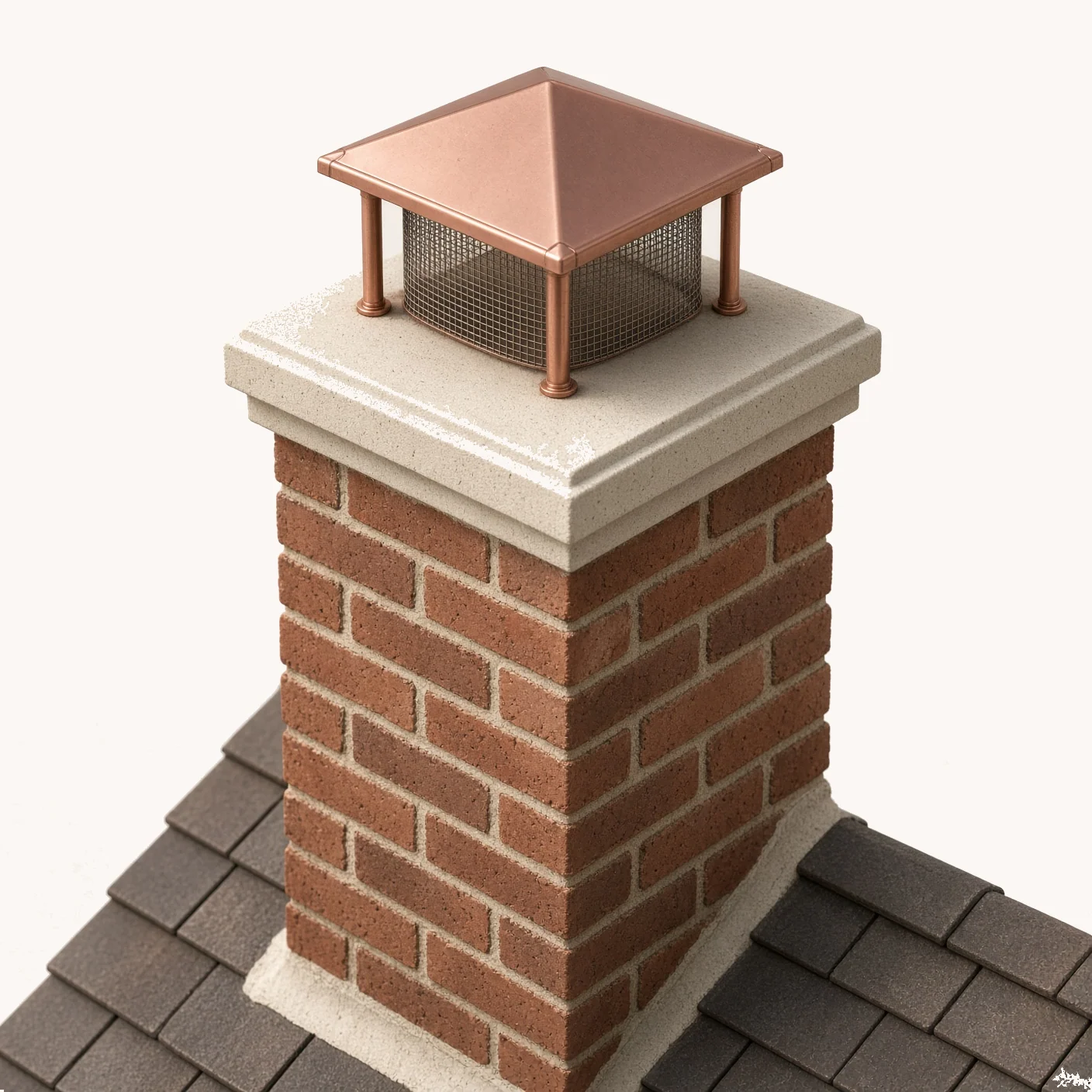 3D model, not a photograph. An isometric view of the top of a brick chimney with a cast limestone crown, a polished copper rain cap on legs and a mesh animal screen.