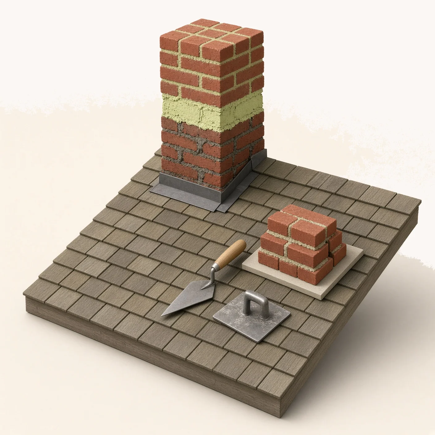 3D model, not a photograph. An isometric roof section with a brick chimney part-way through repointing, fresh pale mortar above and eroded joints below, with replacement bricks and a trowel on the shingles.
