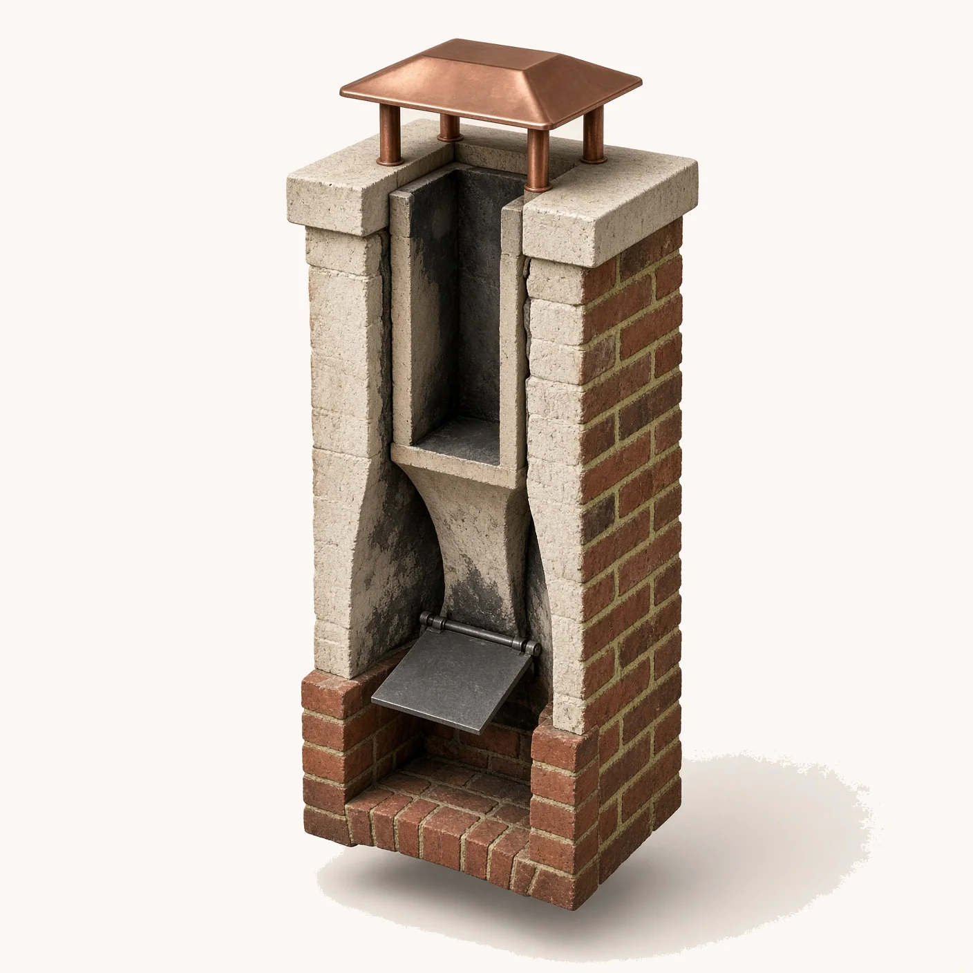 3D model, not a photograph. An isometric cutaway of a masonry chimney showing the copper cap, limestone crown, flue liner, smoke chamber, damper and brick firebox.
